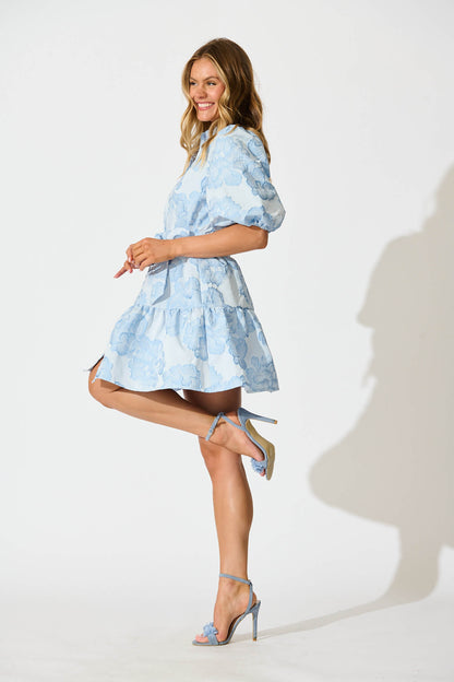 Fione Shirt Dress in Pale Blue Floral Jacquard