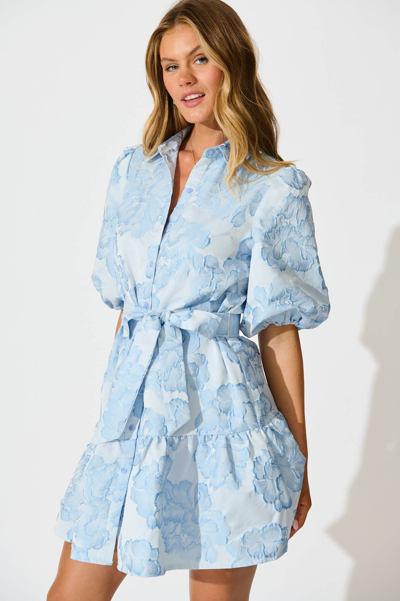 Fione Shirt Dress in Pale Blue Floral Jacquard