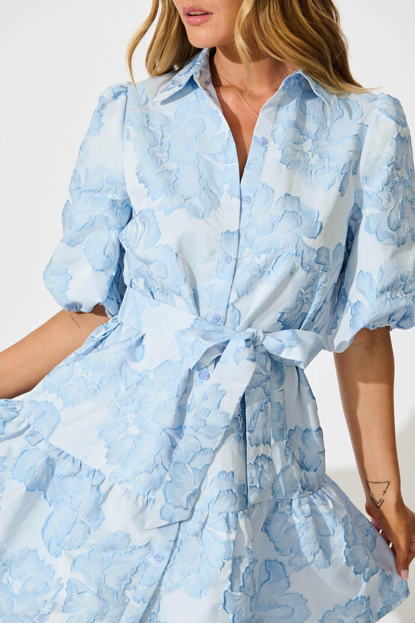 Fione Shirt Dress in Pale Blue Floral Jacquard