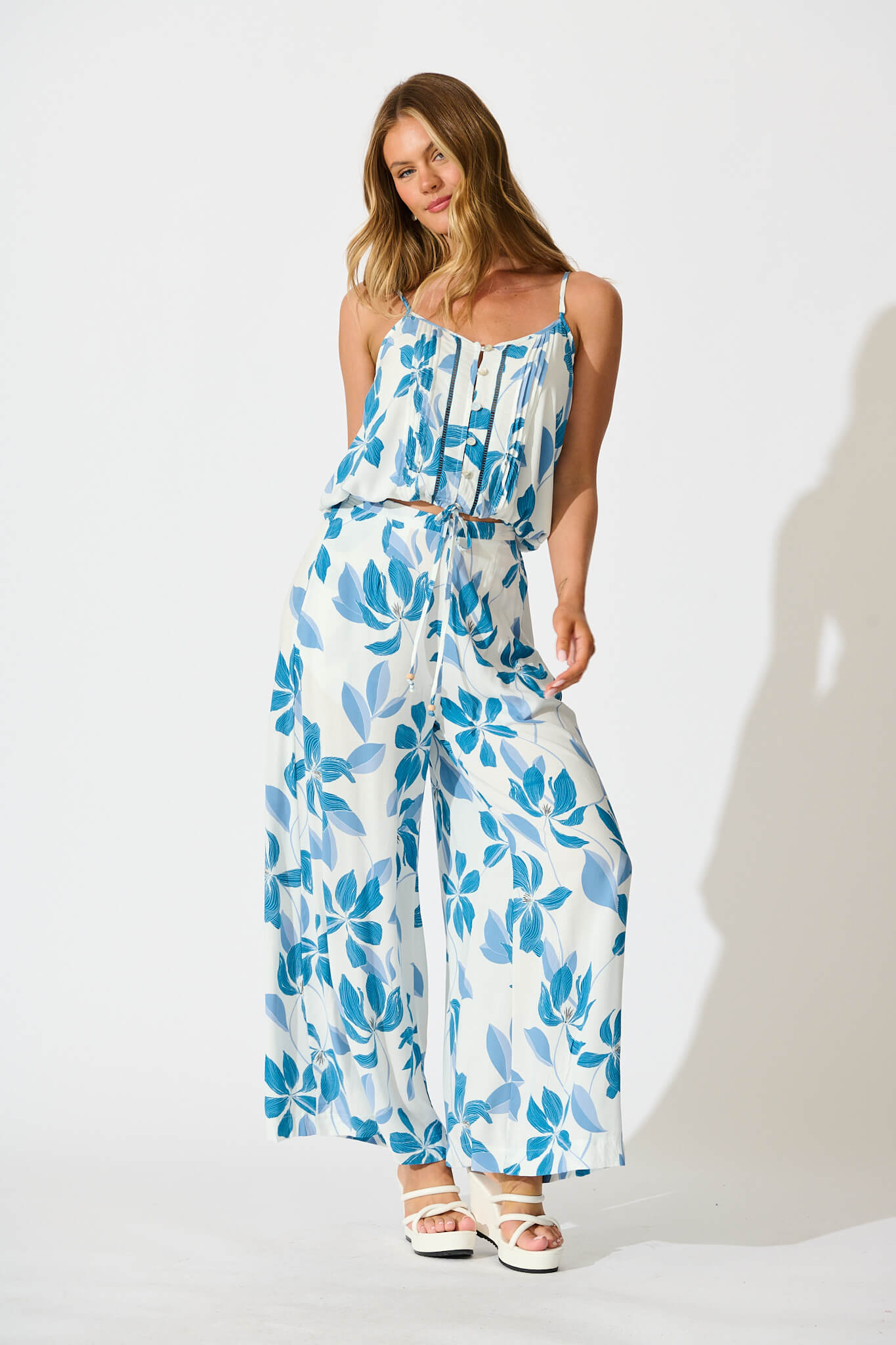 Azala Cami Top In White with Blue Floral