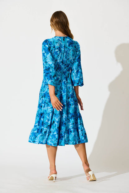 Modical Midi Dress In Blue Multi Print