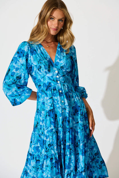 Modical Midi Dress In Blue Multi Print