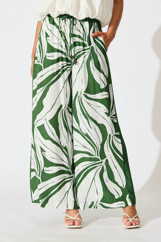 Romeo Pant In Green with White Leaf