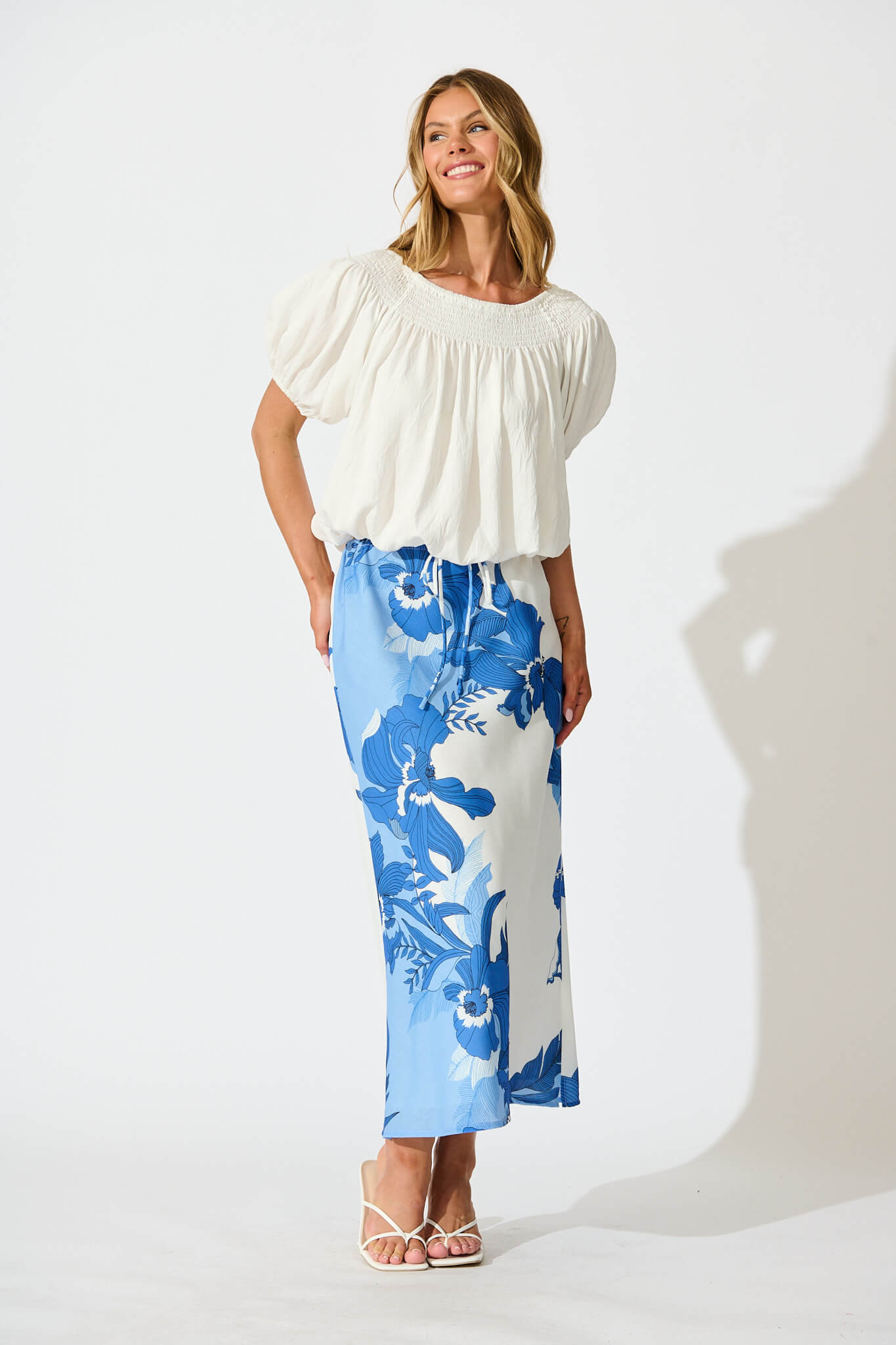 Rubina Maxi Skirt In Blue and White Floral Linen Blend