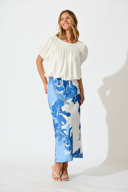 Rubina Maxi Skirt In Blue and White Floral Linen Blend