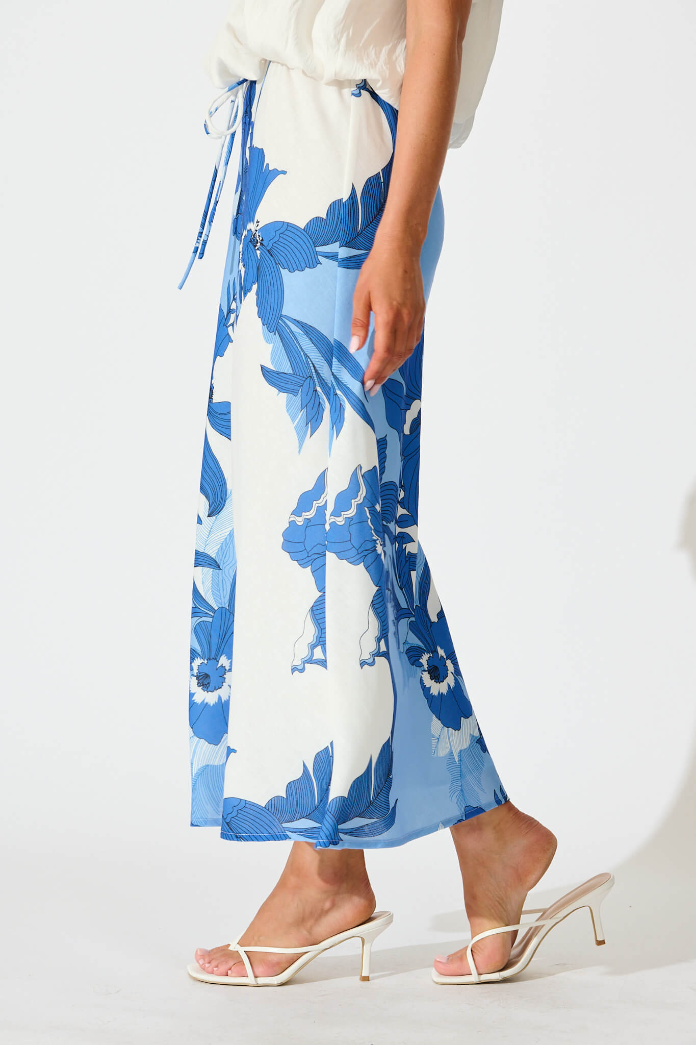 Rubina Maxi Skirt In Blue and White Floral Linen Blend