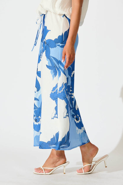 Rubina Maxi Skirt In Blue and White Floral Linen Blend