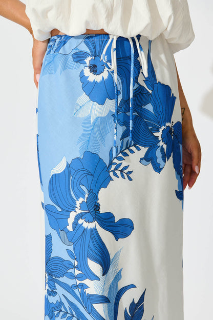 Rubina Maxi Skirt In Blue and White Floral Linen Blend