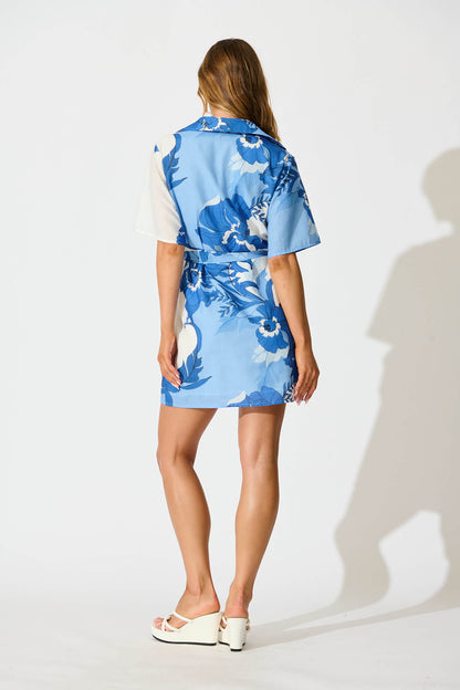 Miela Shirt Dress In Blue and White Floral Linen Blend
