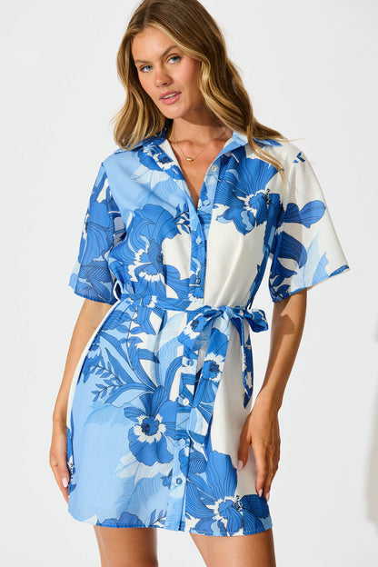Miela Shirt Dress In Blue and White Floral Linen Blend