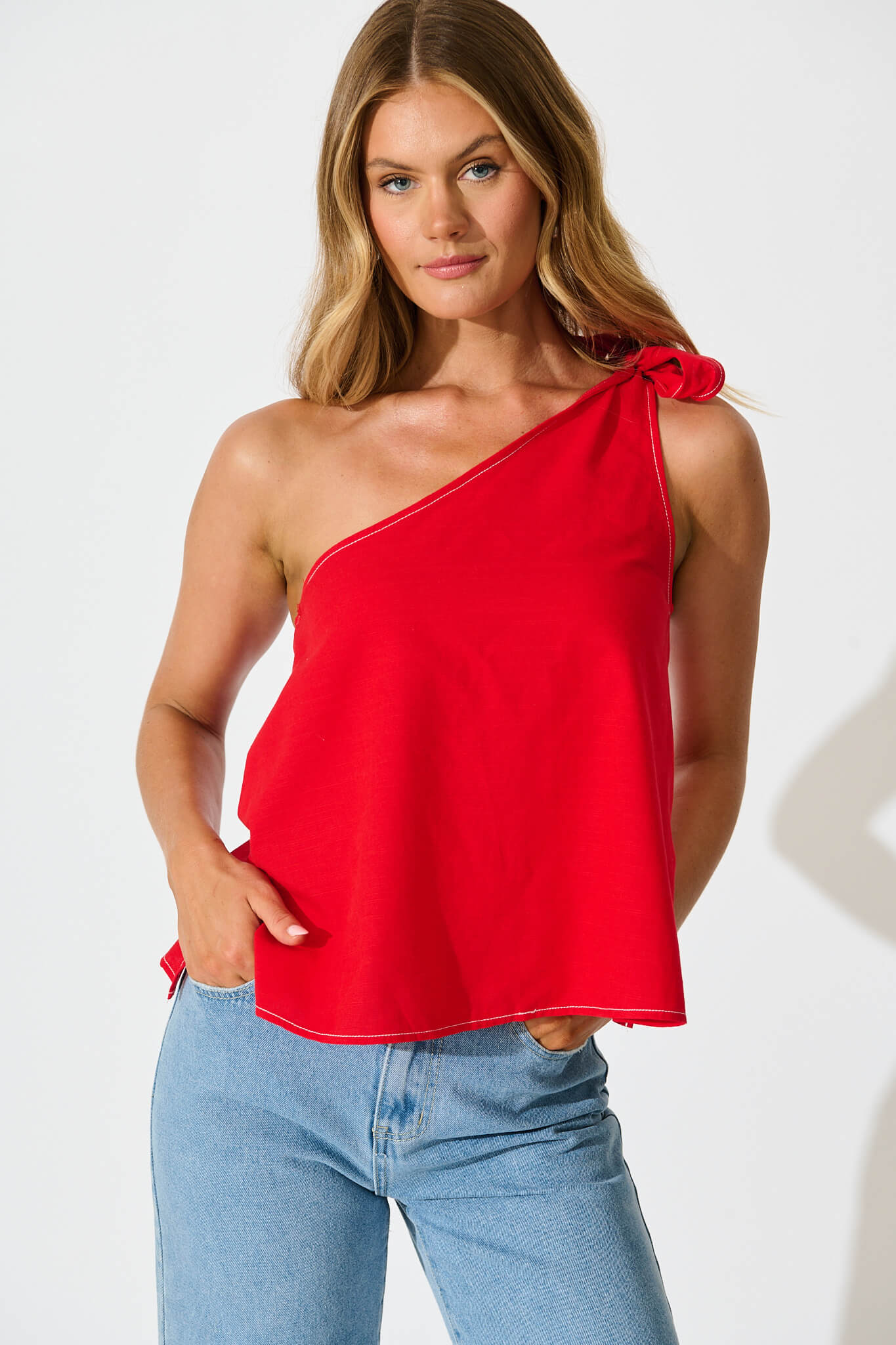 Rachella One Shoulder Top In Red Cotton Linen Blend