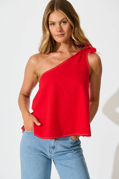 Rachella One Shoulder Top In Red Cotton Linen Blend
