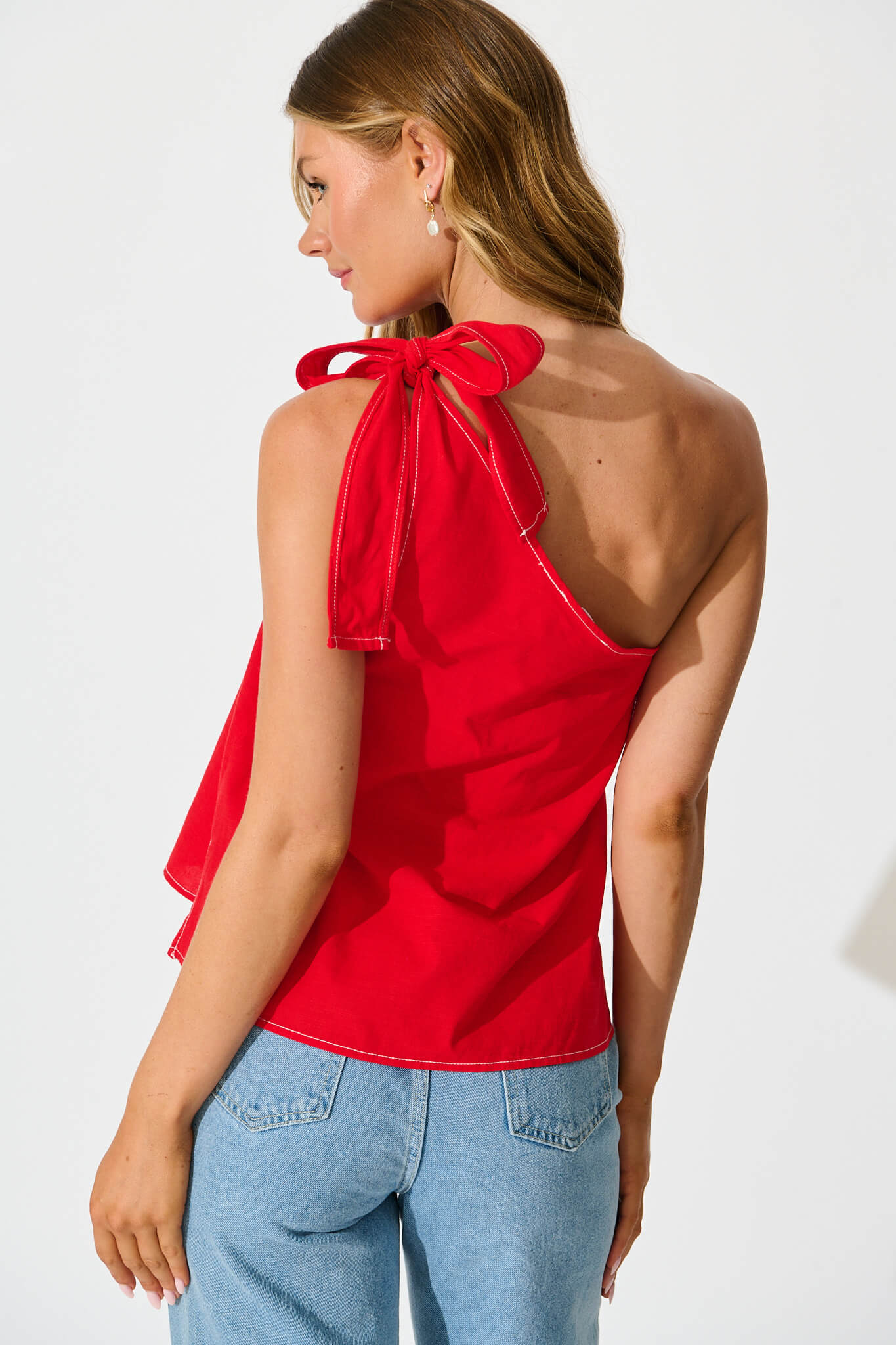 Rachella One Shoulder Top In Red Cotton Linen Blend