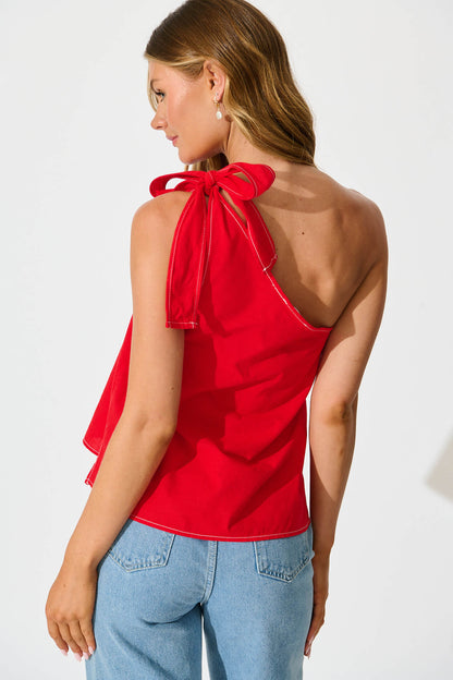 Rachella One Shoulder Top In Red Cotton Linen Blend