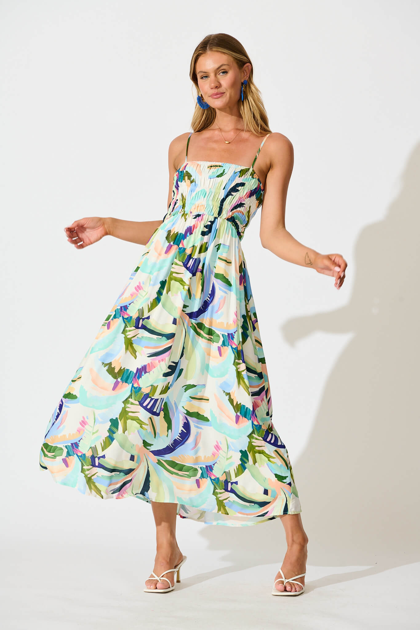 Dillon Maxi Sundress in Multi Green Print