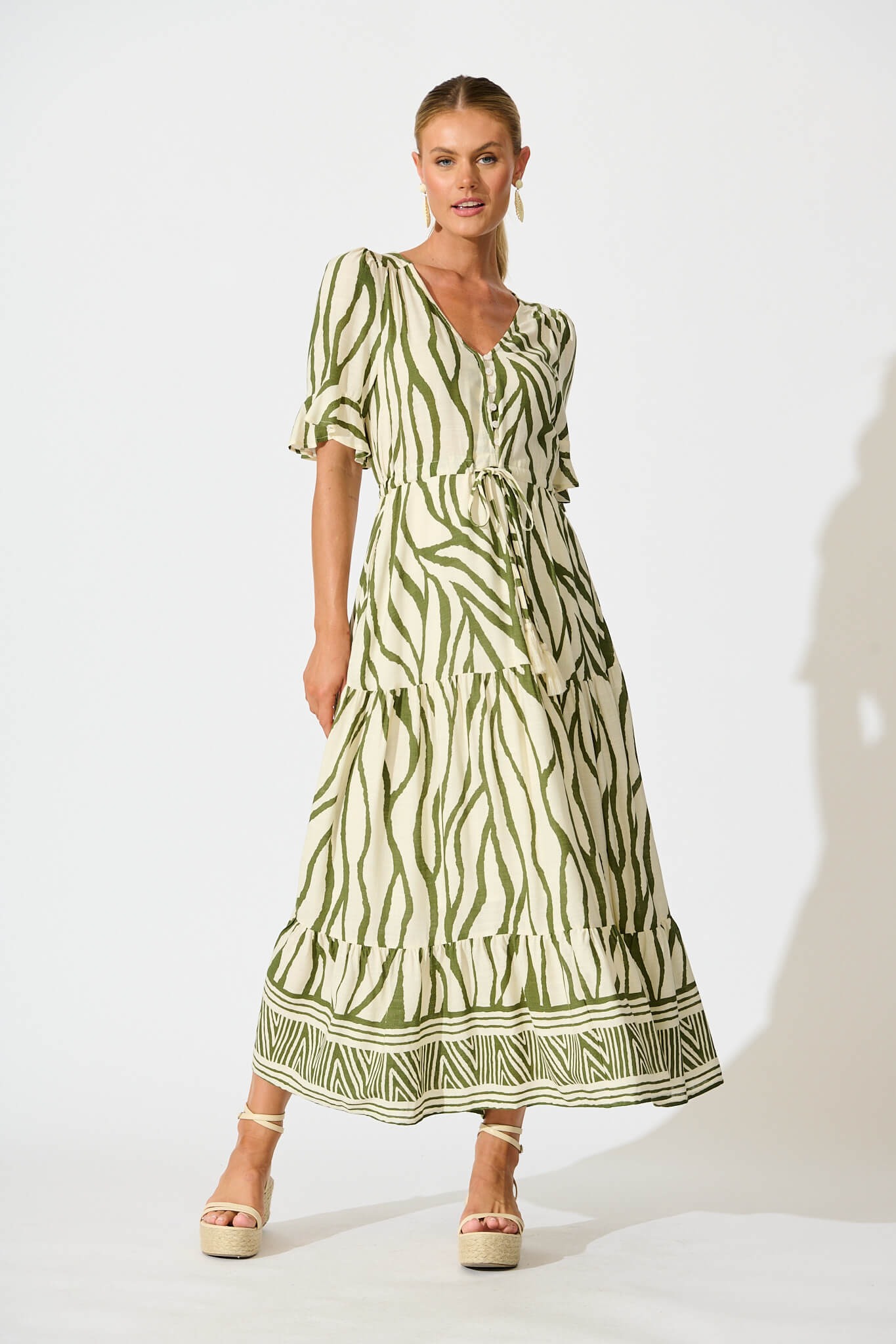 Ibiza Maxi Dress in Cream with Khaki Linen Blend