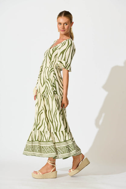 Ibiza Maxi Dress in Cream with Khaki Linen Blend