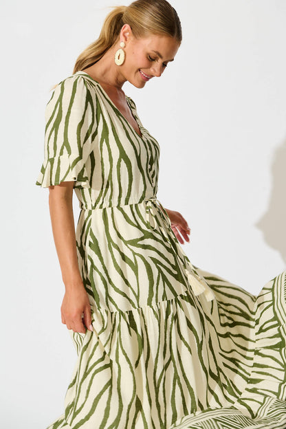 Ibiza Maxi Dress in Cream with Khaki Linen Blend