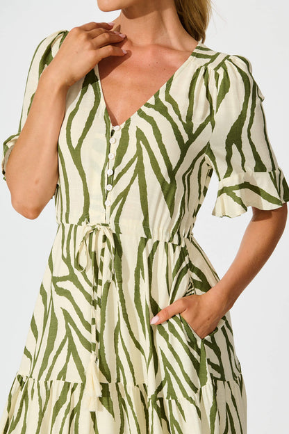 Ibiza Maxi Dress in Cream with Khaki Linen Blend