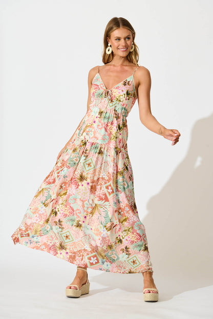 Tilda Maxi Sundress In Tropical Patchwork Print