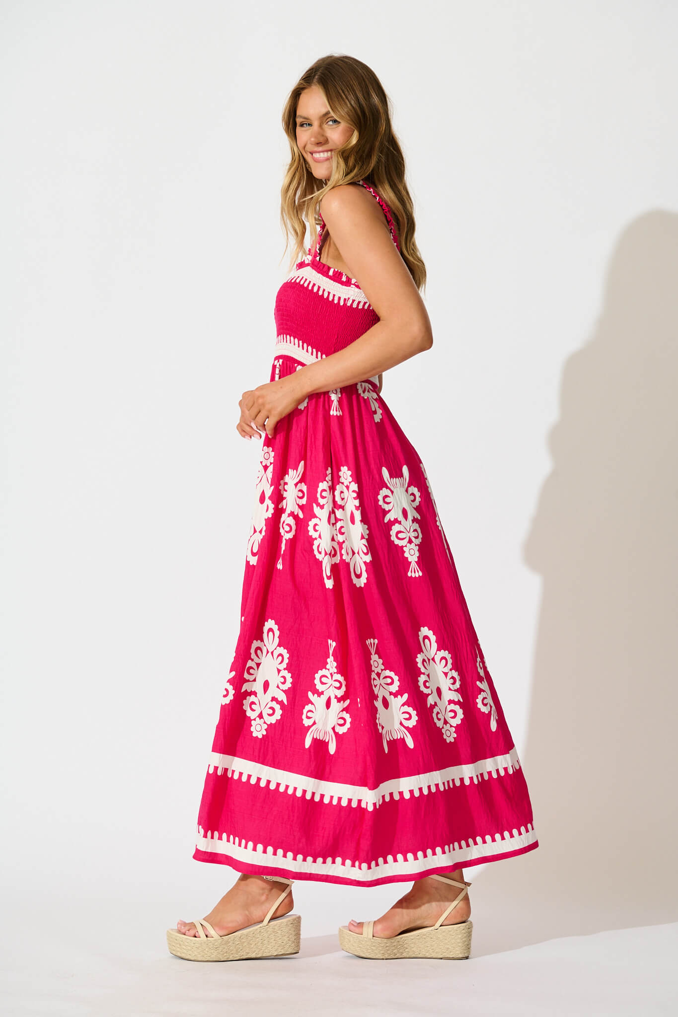 Evanston Maxi Dress in Hot Pink with White Print