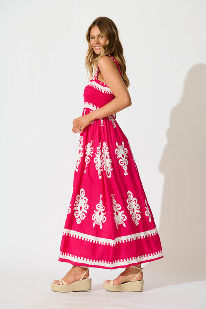 Evanston Maxi Dress in Hot Pink with White Print