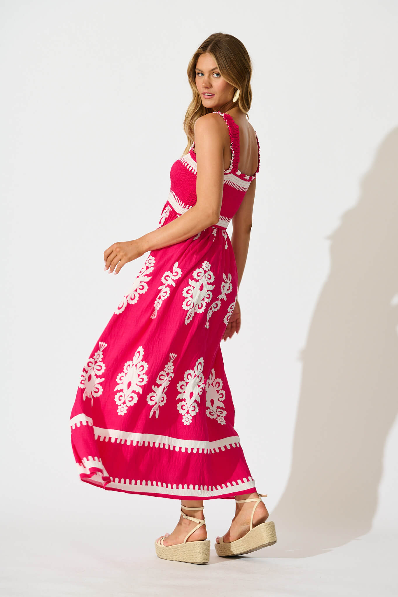 Evanston Maxi Dress in Hot Pink with White Print