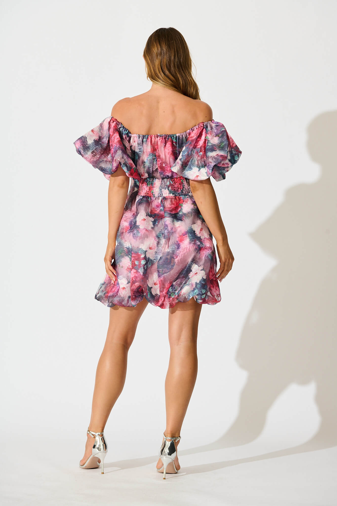 Solaris Bubble Hem Dress in Pink with Multi Floral Organza