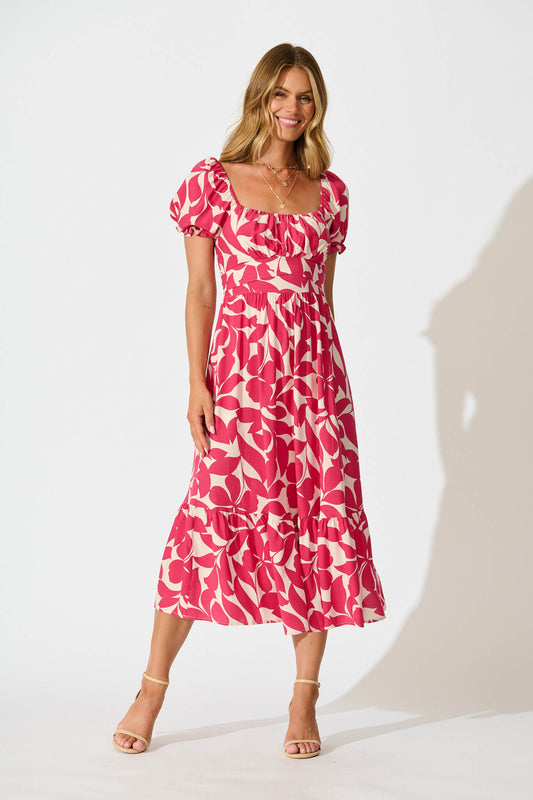 Candie Midi Dress In Pink Leaf