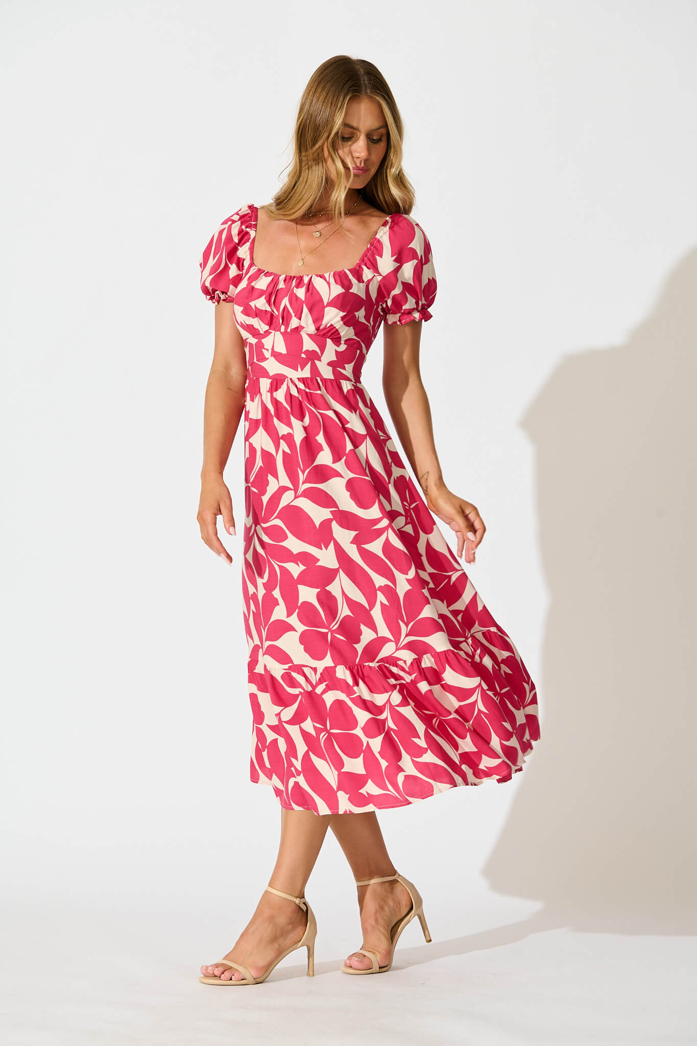 Candie Midi Dress In Pink Leaf