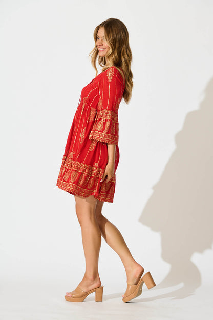 Elliott Dress In Red With Gold Print