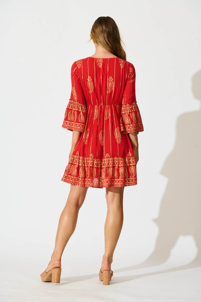 Elliott Dress In Red With Gold Print