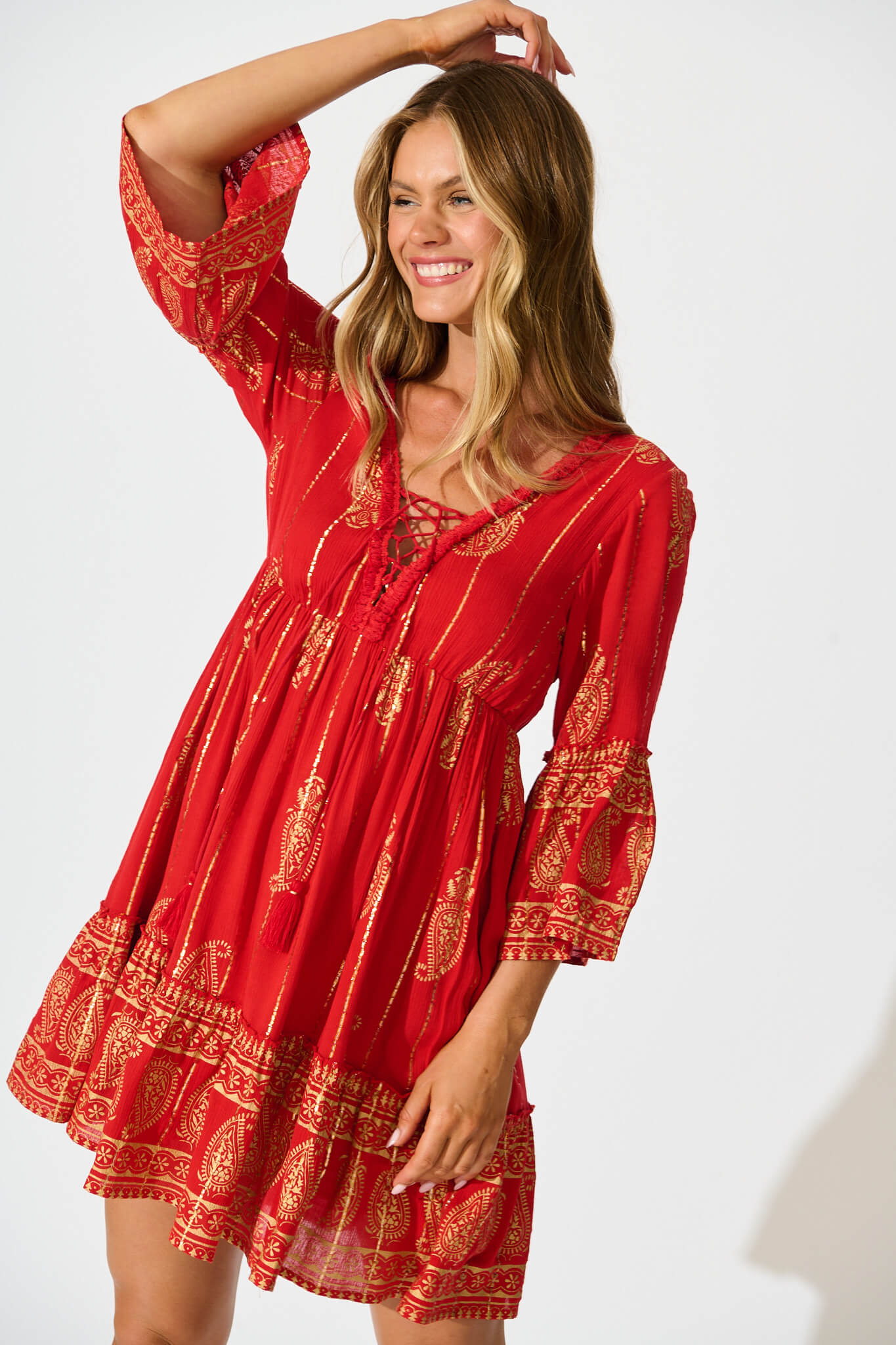 Elliott Dress In Red With Gold Print