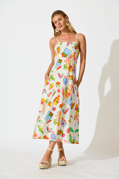 Leia Midi Sundress in White Multi Summer Print Cotton