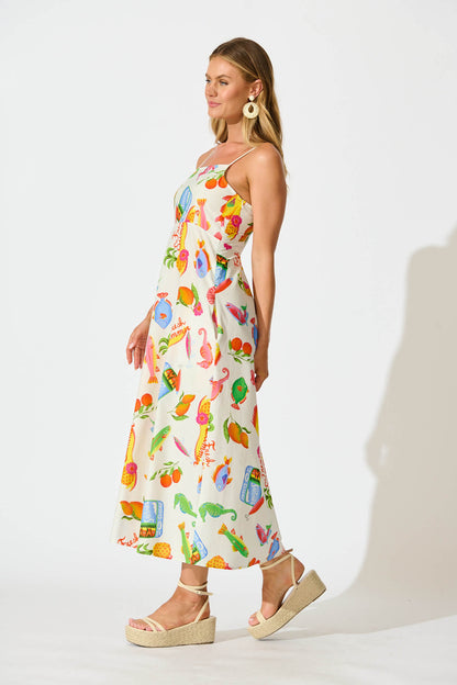 Leia Midi Sundress in White Multi Summer Print Cotton