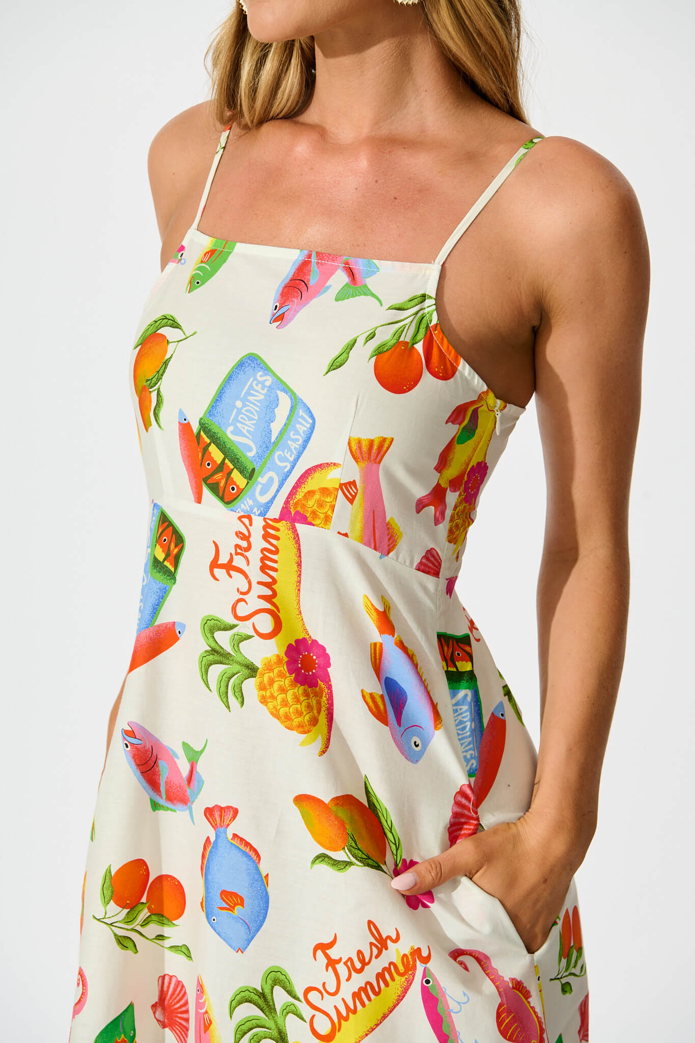 Leia Midi Sundress in White Multi Summer Print Cotton