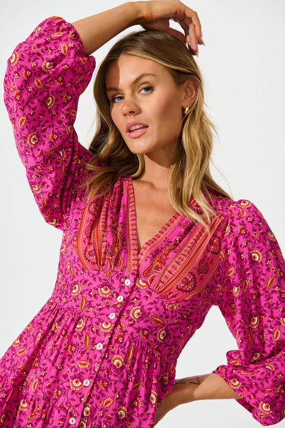 Abriella Dress In Magenta Floral Border Print