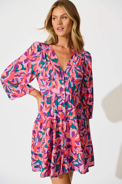 Abriella Dress In Pink and Purple Print