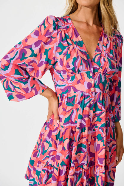Abriella Dress In Pink and Purple Print