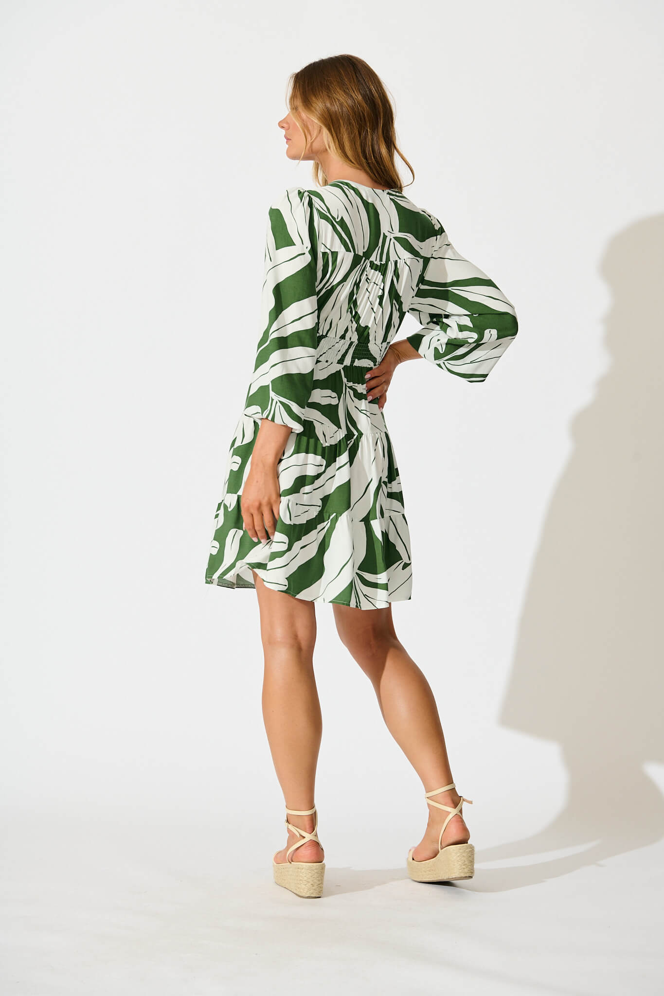 Abriella Dress in Green with White Leaf