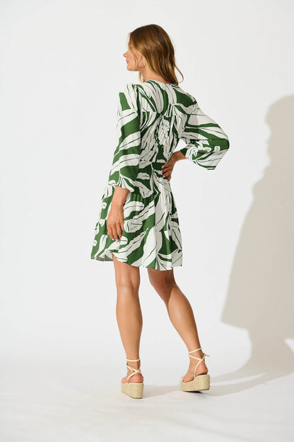 Abriella Dress in Green with White Leaf