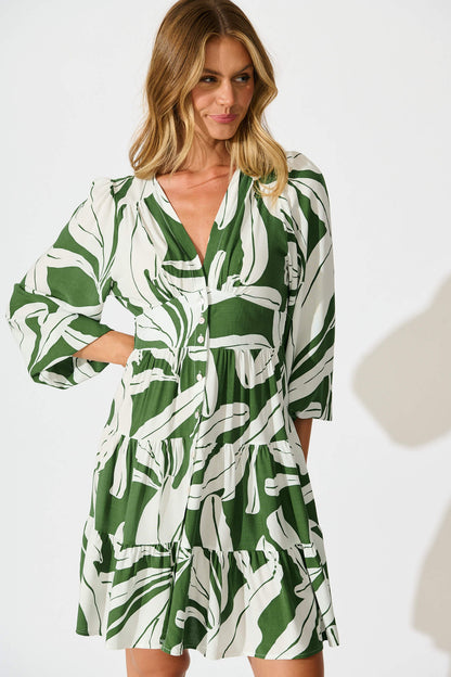 Abriella Dress in Green with White Leaf
