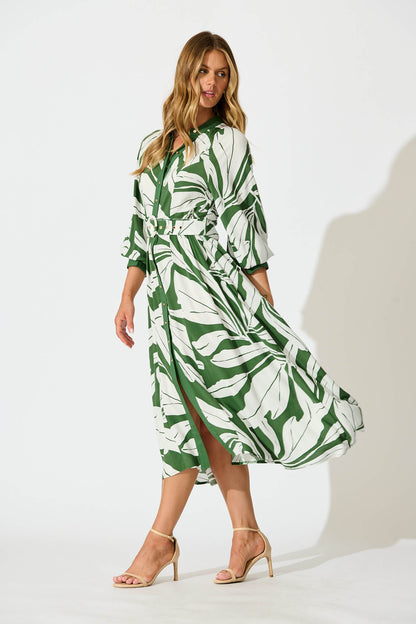 Shiloh Midi Shirt Dress in Green with White Leaf