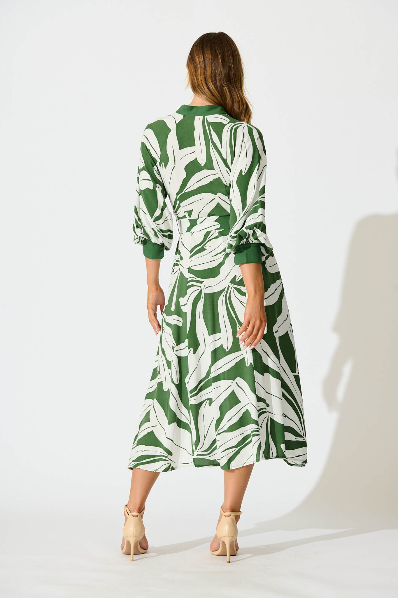 Shiloh Midi Shirt Dress in Green with White Leaf