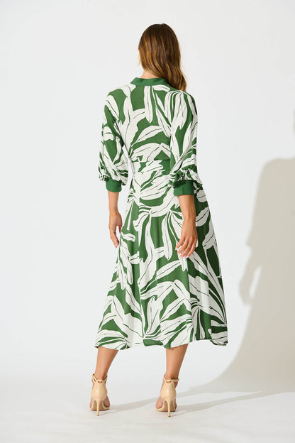 Shiloh Midi Shirt Dress in Green with White Leaf