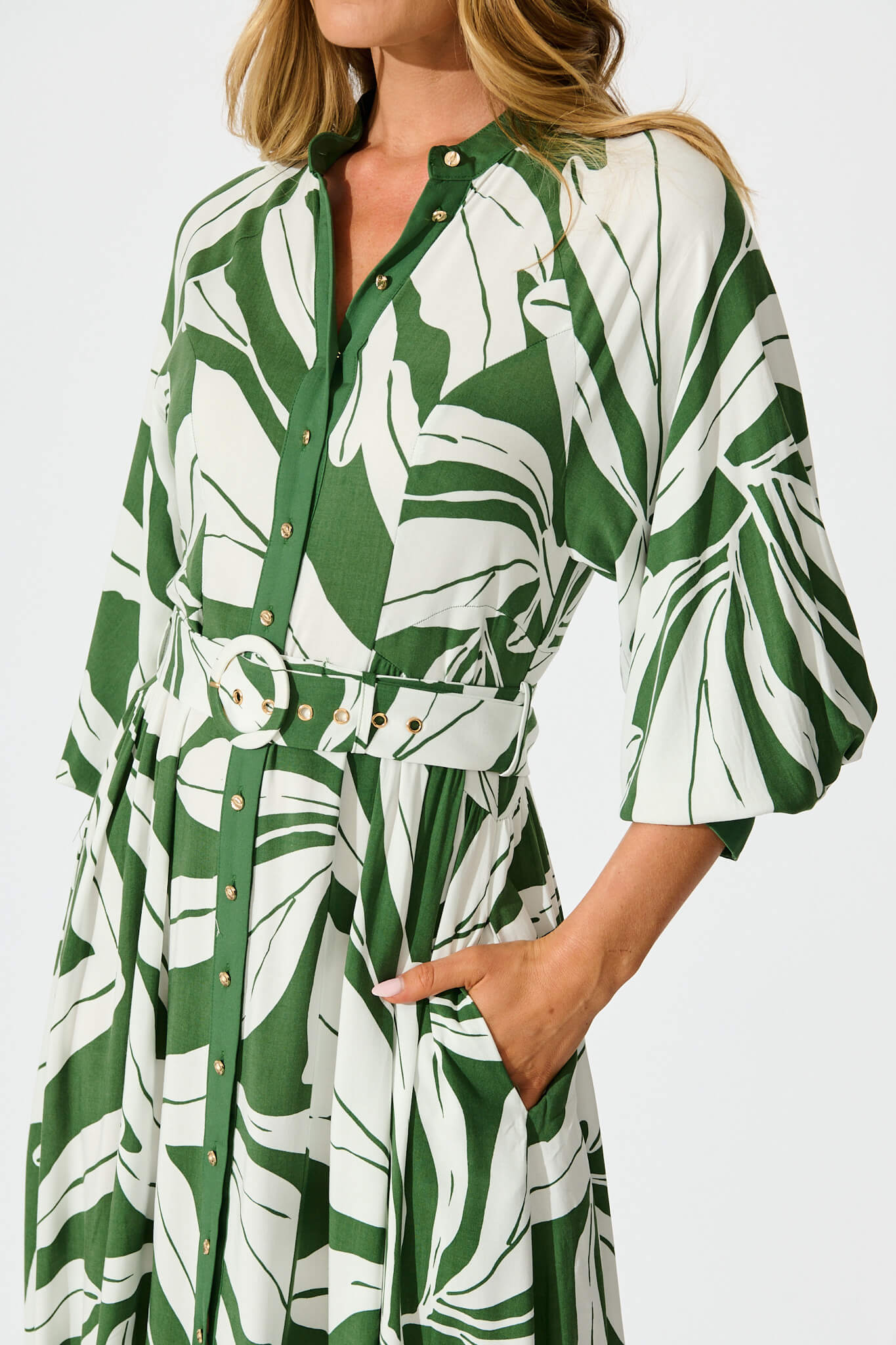 Shiloh Midi Shirt Dress in Green with White Leaf