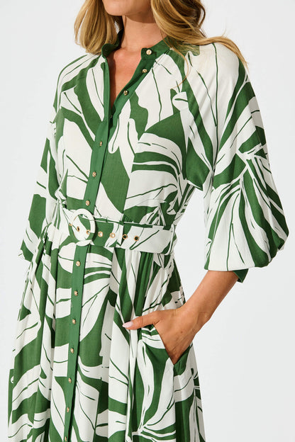 Shiloh Midi Shirt Dress in Green with White Leaf