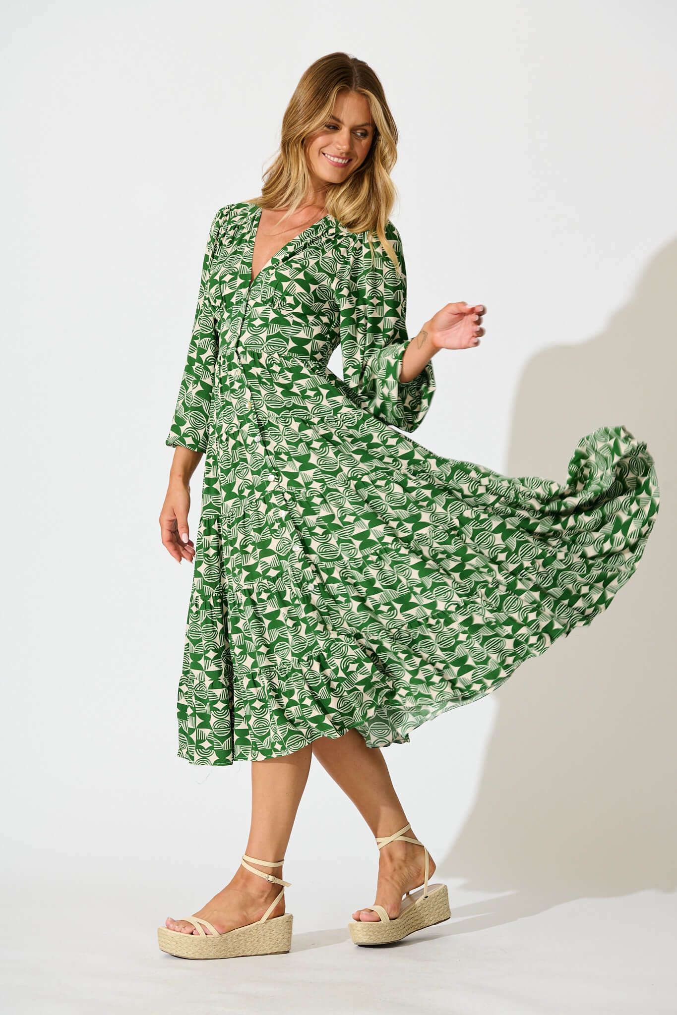 Modical Midi Dress In Green and White Print