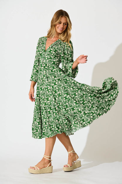 Modical Midi Dress In Green and White Print