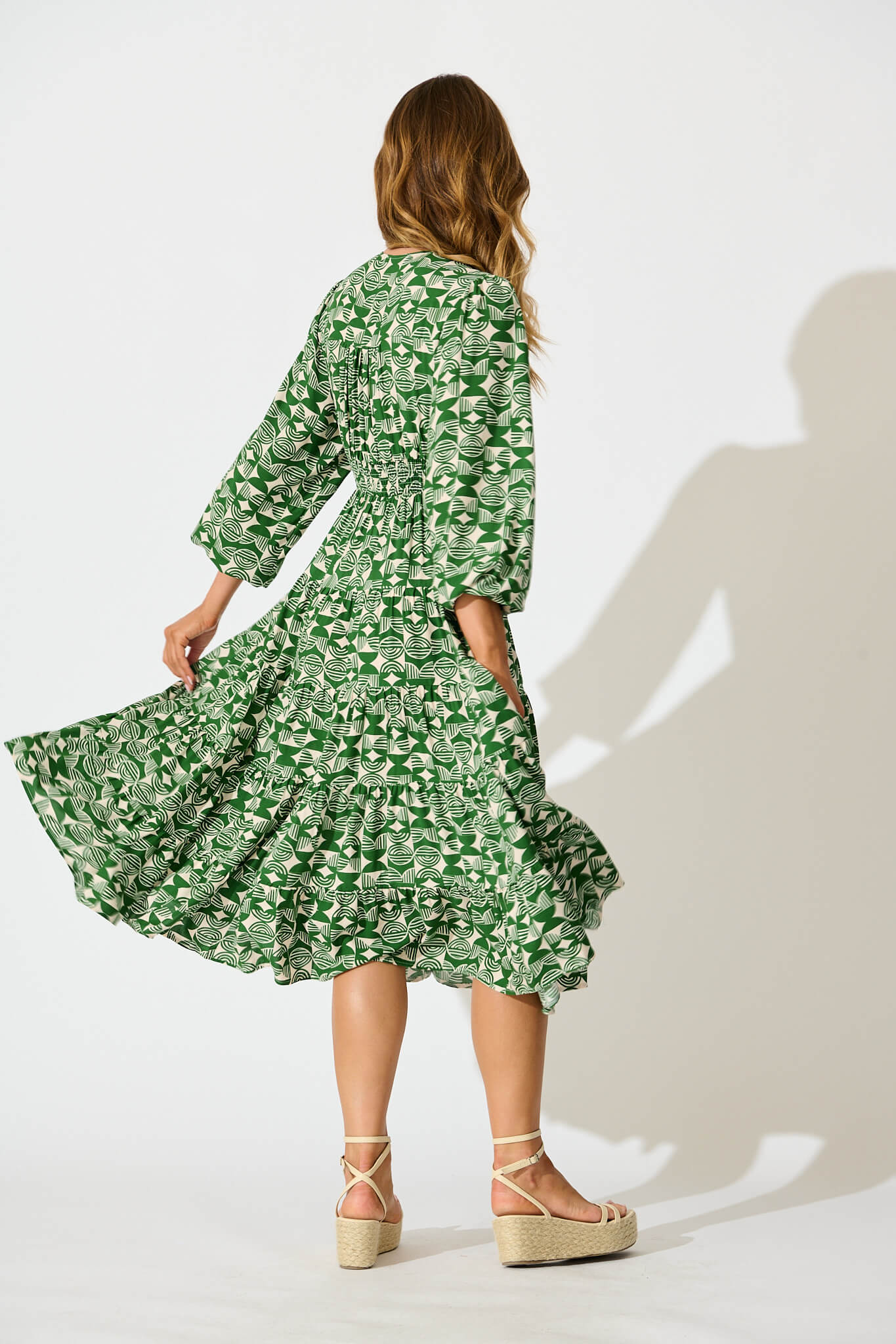 Modical Midi Dress In Green and White Print